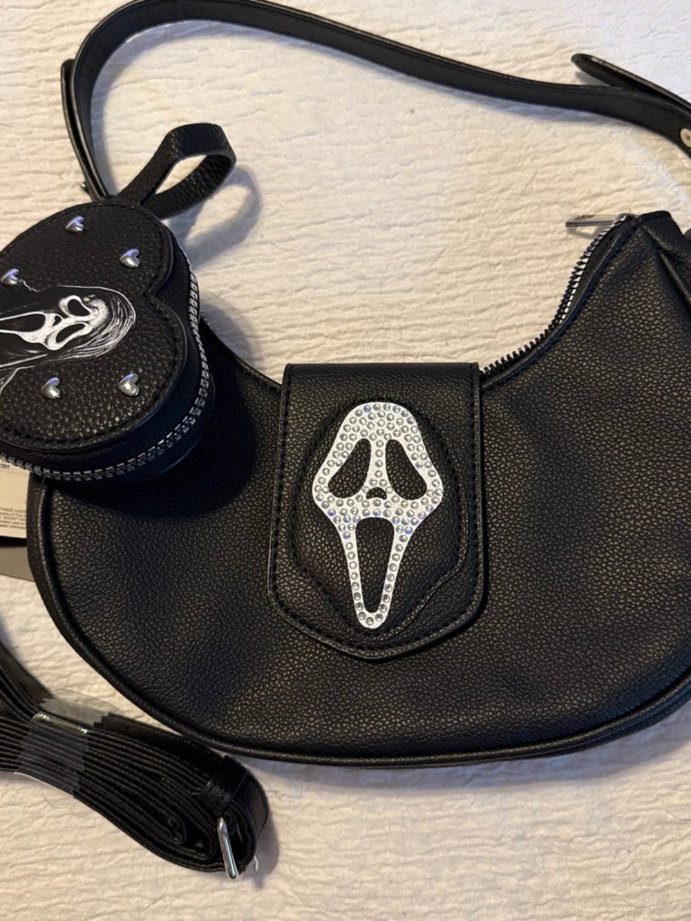 Black Crossbody Bag with Crystal Mask Accent